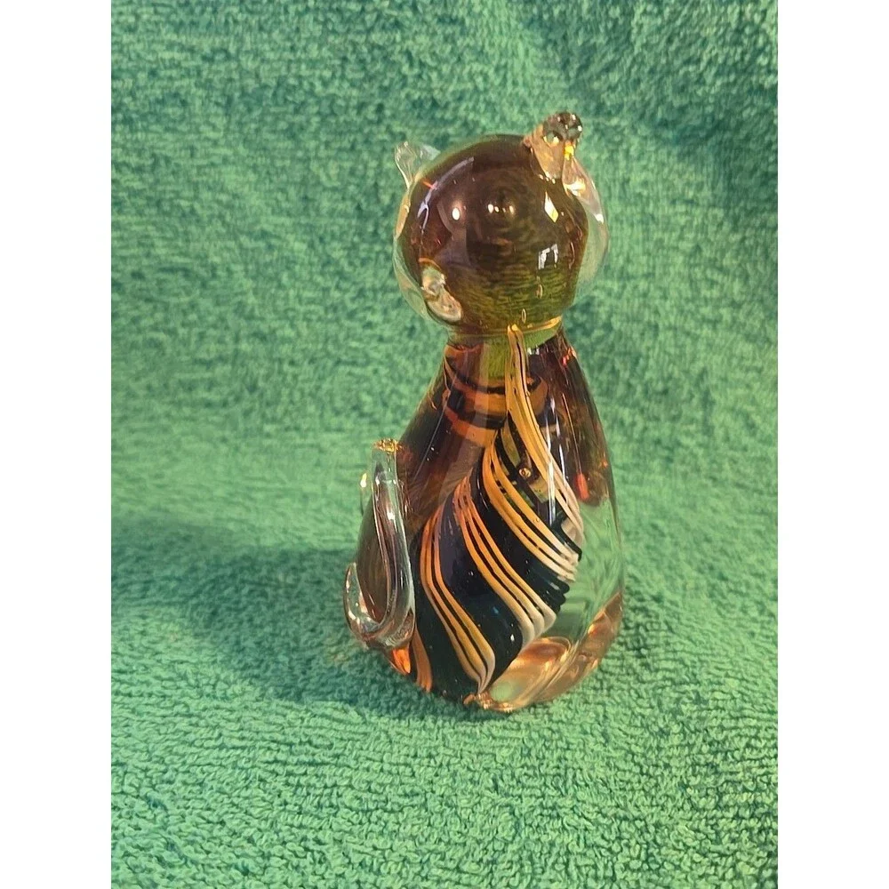 Murano Style Glass Cat Paperweight Amber w/ Blue White Swirl - Picture 2 of 7